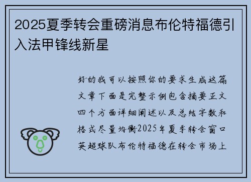 2025夏季转会重磅消息布伦特福德引入法甲锋线新星