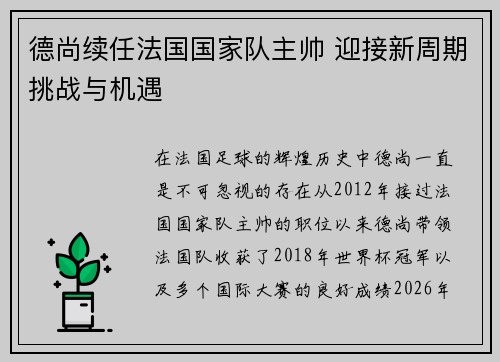 德尚续任法国国家队主帅 迎接新周期挑战与机遇