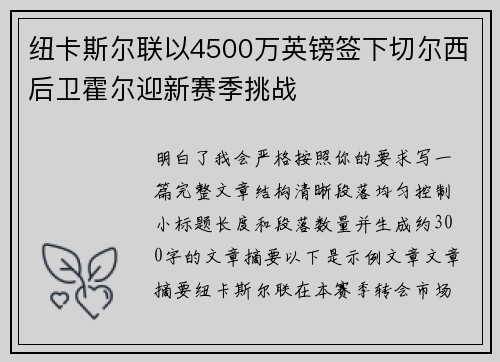 纽卡斯尔联以4500万英镑签下切尔西后卫霍尔迎新赛季挑战